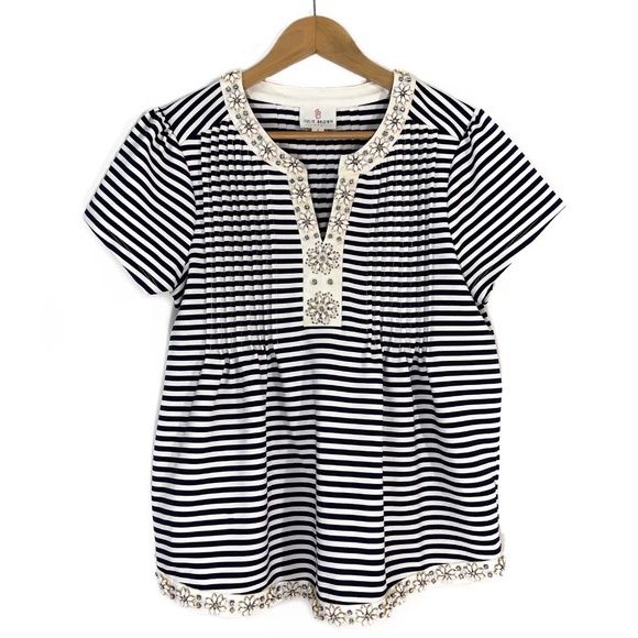 Julie Brown NYC Women’s Size Small Blue White Striped Embellished Pleated Top - Picture 1 of 12